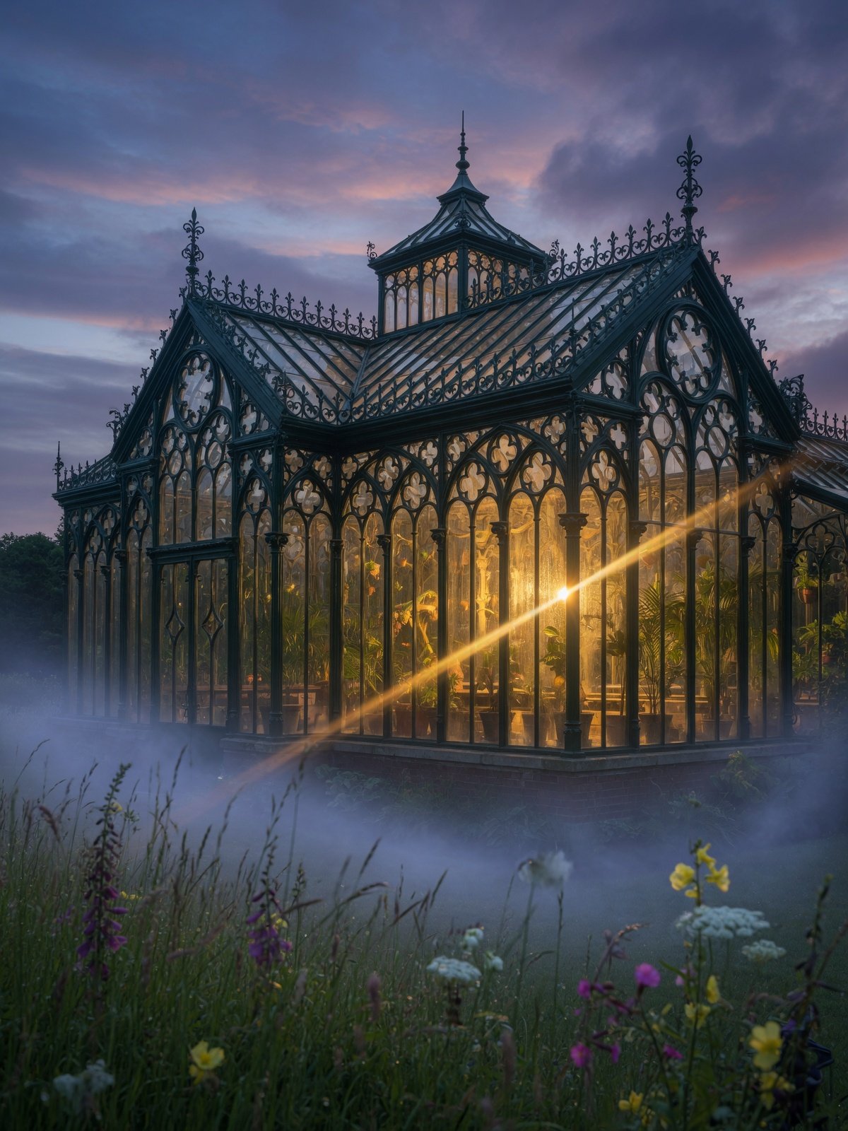 Ornate glass greenhouse glowing at dusk